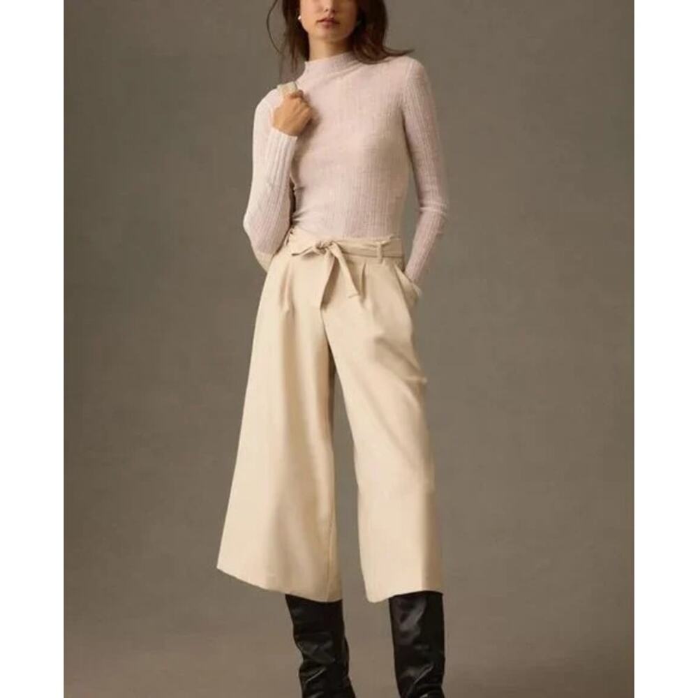 Anthropologie Maeve Tie Waist Wide Leg Crop Culottes | Khaki Tan Beige | SZ 2 P